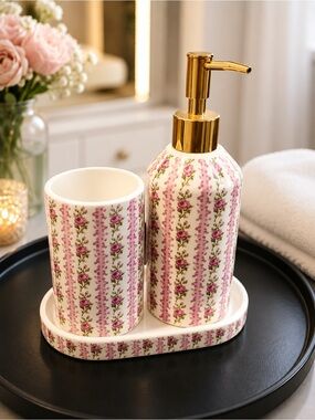 Floral Pink Ceramic Soap Dispenser & Tumbler Set